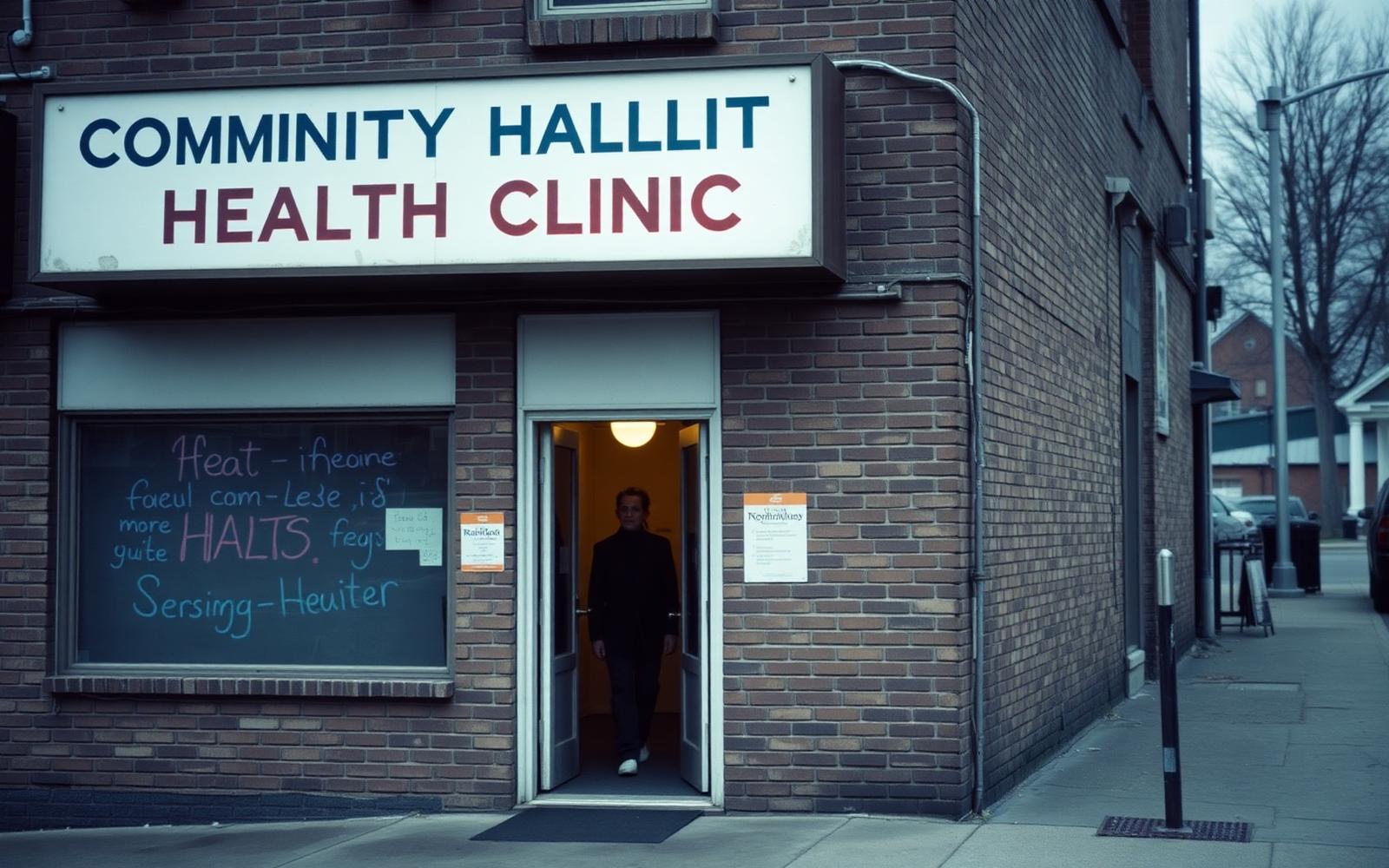 A patient steps out of a small community health clinic on an overcast morning.