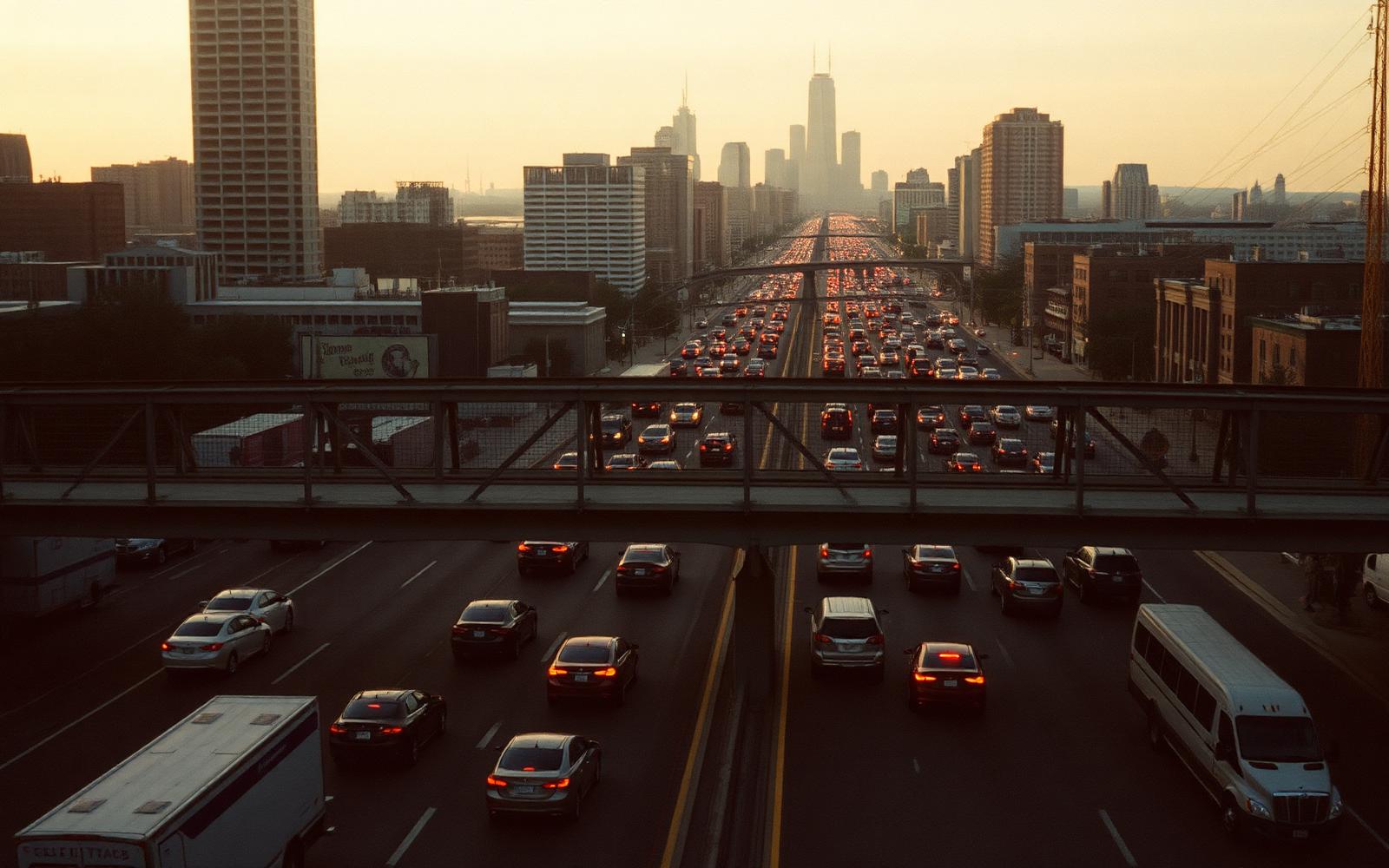 Rush-hour traffic backs up on a downtown expressway at golden hour.