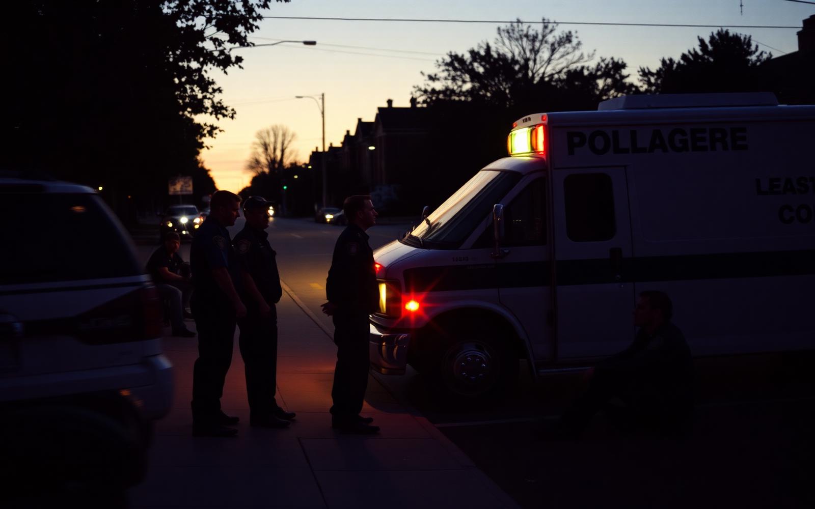 First responders confer on a sidewalk at twilight beside an ambulance.