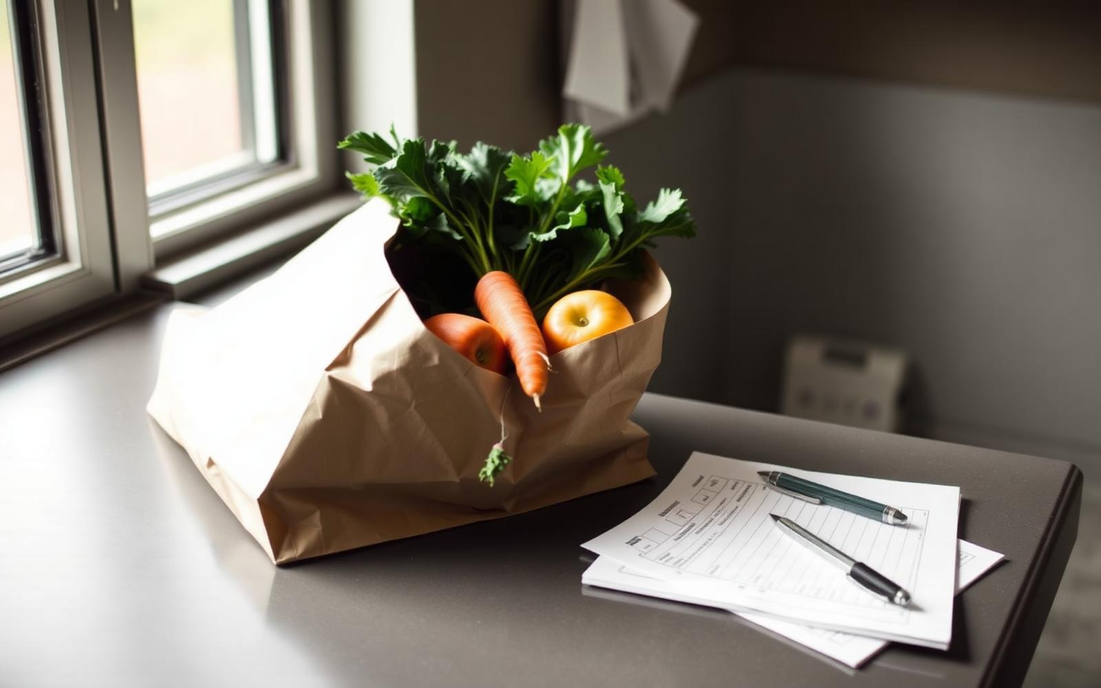 A paper bag of vegetables sits beside a prescription pad on a clinic counter.