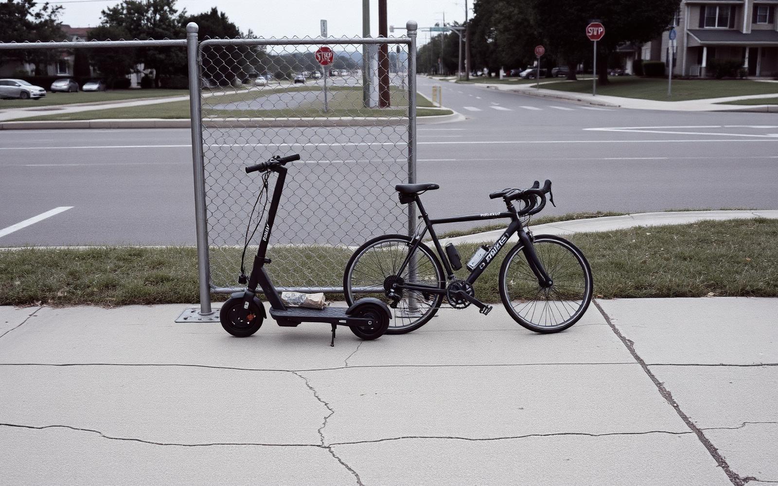 A parked scooter and bicycle sit beside a wide arterial road with no cyclists.