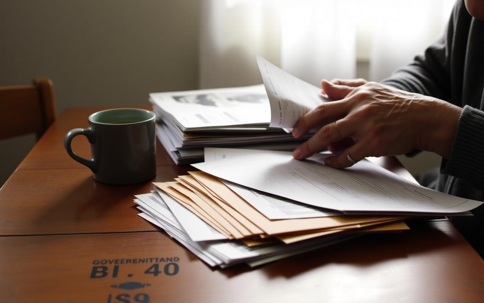 Hands sort through a stack of government mail on a kitchen table.