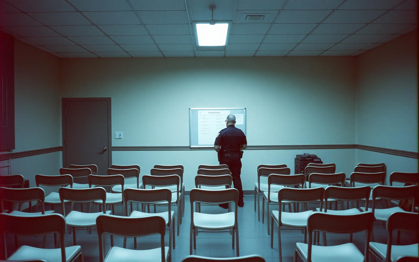 A police officer stands alone before a bulletin board in an empty roll-call room.